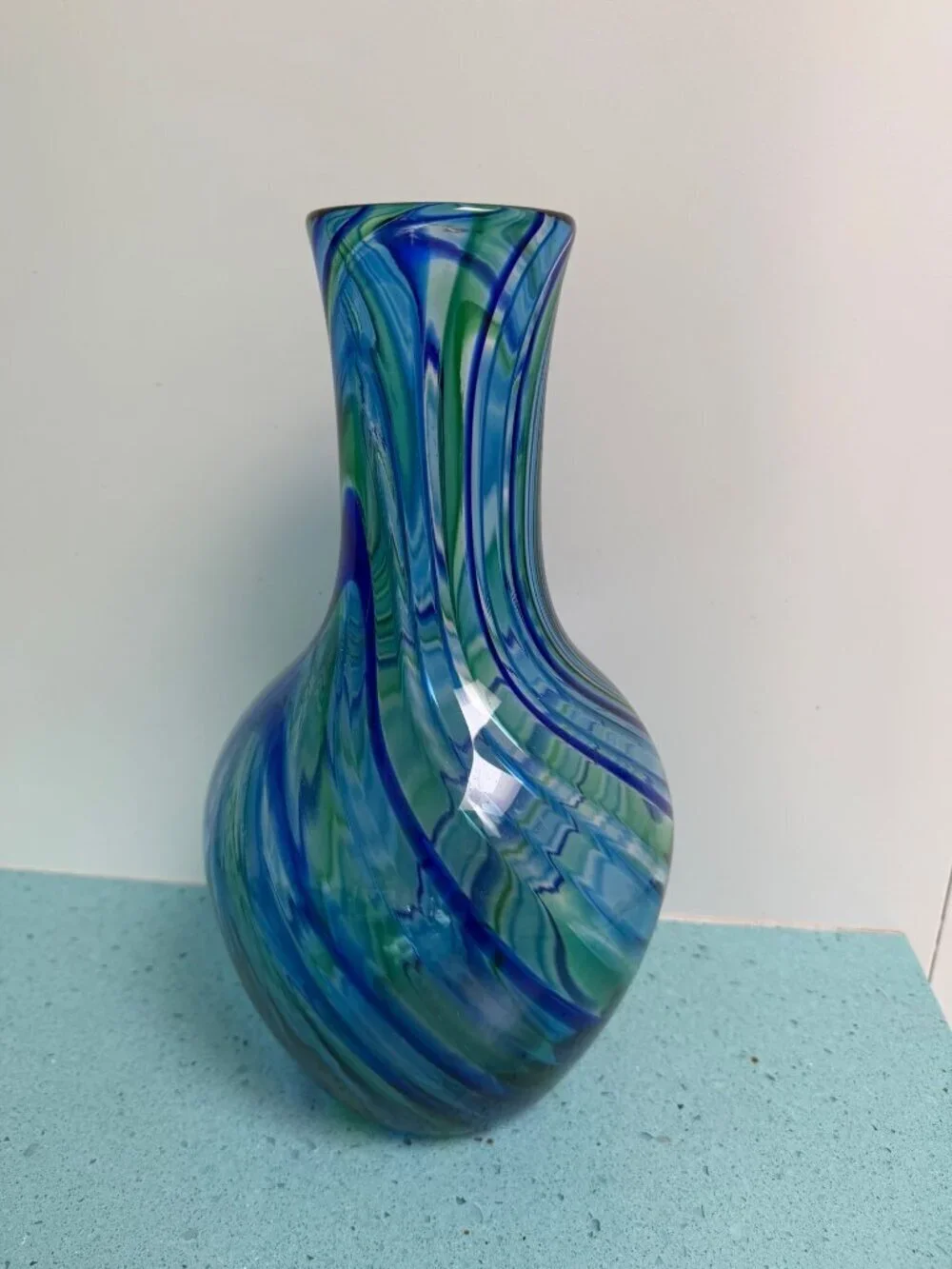 Michael Egan Vermont 2001 Handblown 12 inch Art Glass Vase Blue Green Handmade